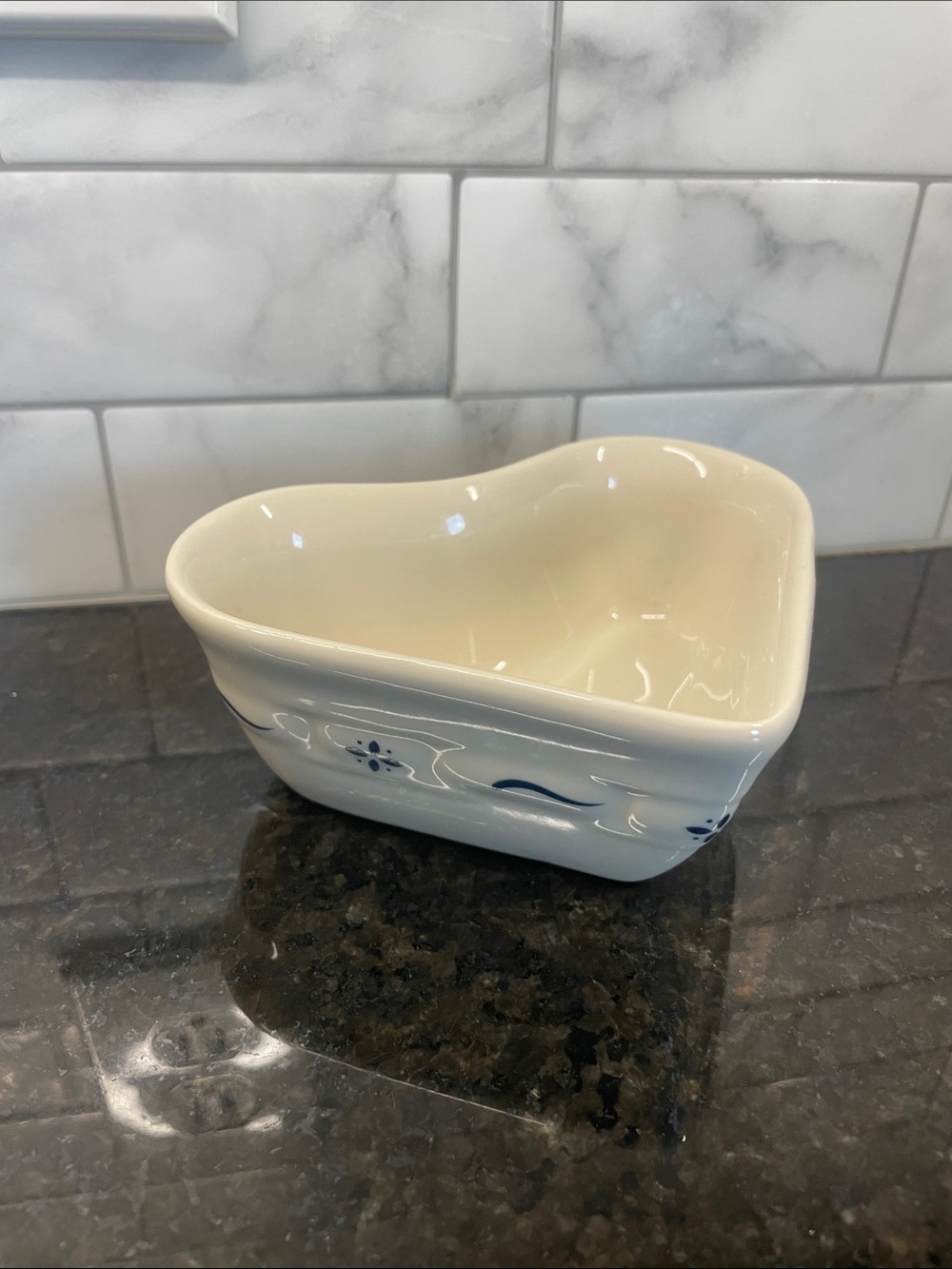 Longaberger Ceramic Heart-Shaped Bowl Cream with Blue Accents
